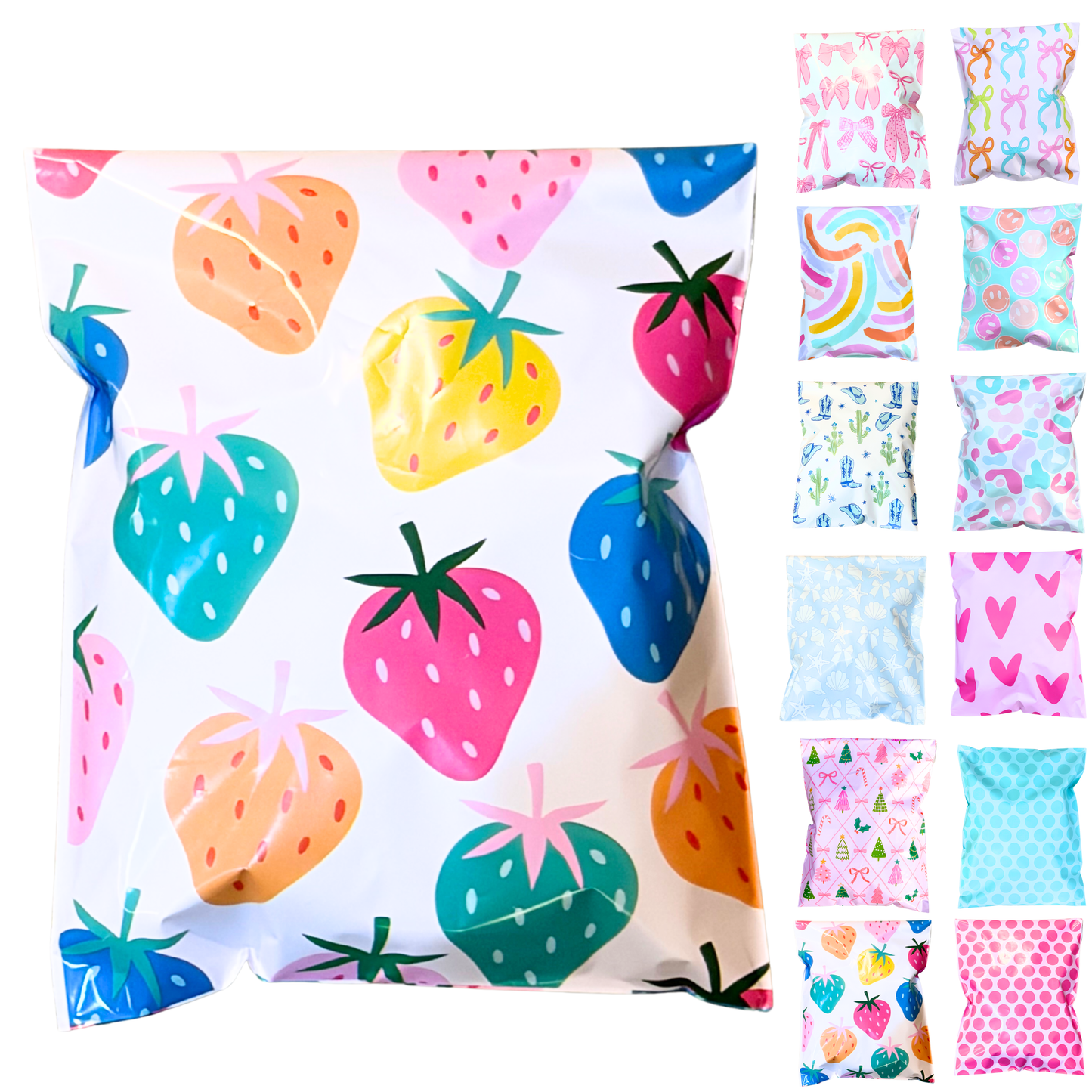 Colorful Strawberry Poly Mailers | Cute Variety Pack 36/75/150